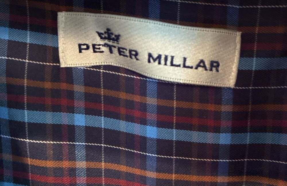 Peter Millar Men's Large Blue Red Brown Plaid Cotton Silk Blend Button Shirt